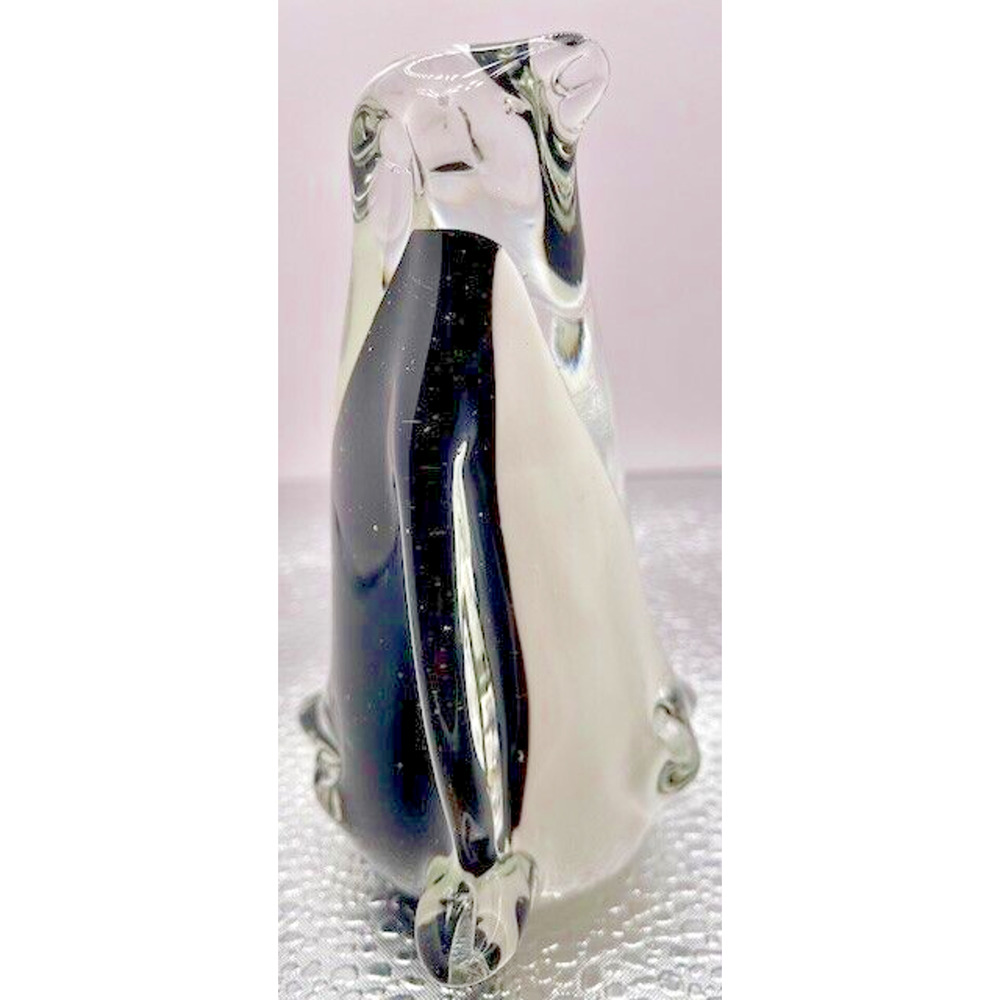 Murano Style Art Glass Penguin 4.25” X 3.5" Clear, Black & White - Picture 2 of 8